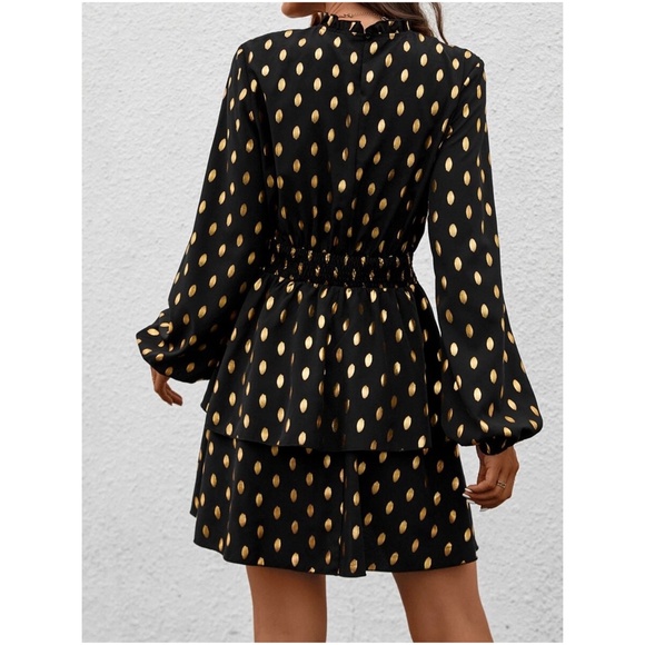 Polka Dot Mock Neck Ruffle Party Holiday Dress - Picture 2 of 4